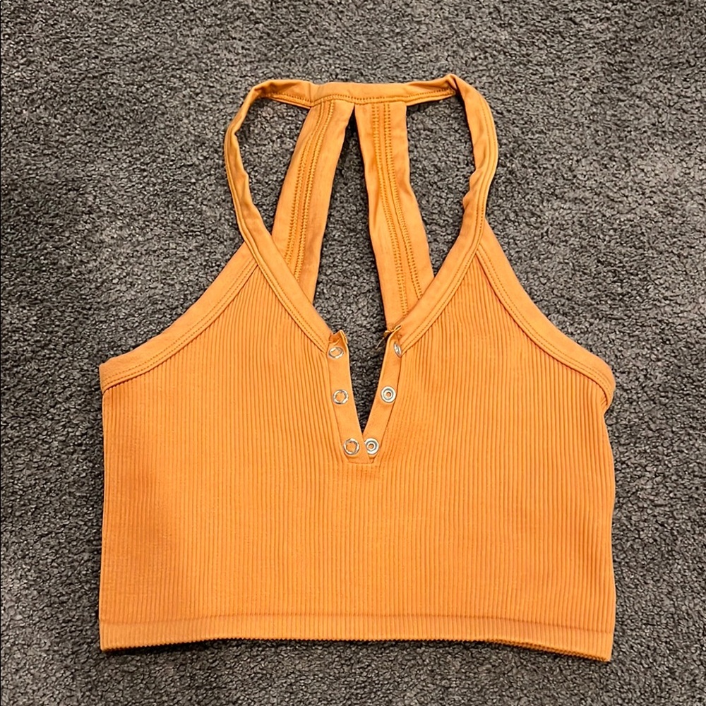FP Movement Halter Neck Ribbed Crop Top w/ Snap Front